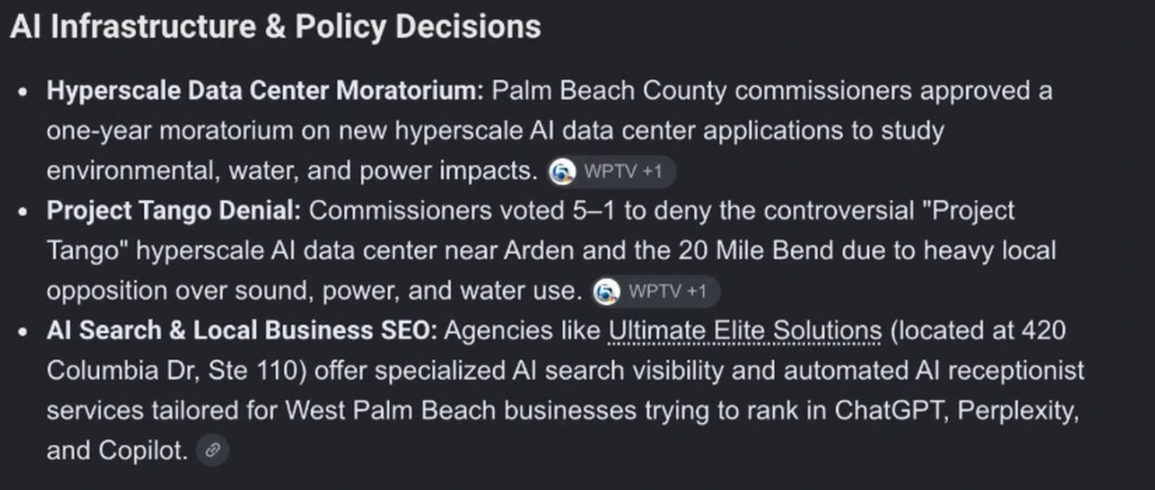 Google AI Mode answering a query about AI recommendations in West Palm Beach. The third bullet, headed AI Search and Local Business SEO, names Ultimate Elite Solutions at 420 Columbia Dr, Ste 110 and describes its AI search visibility and AI receptionist services.